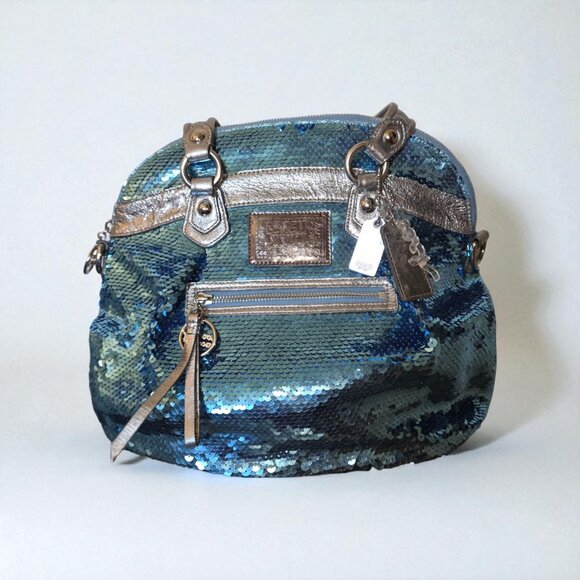 Coach POPPY Y2K Limited Edition Turquoise Silver Sequin Tote Bag Rare - Picture 1 of 16